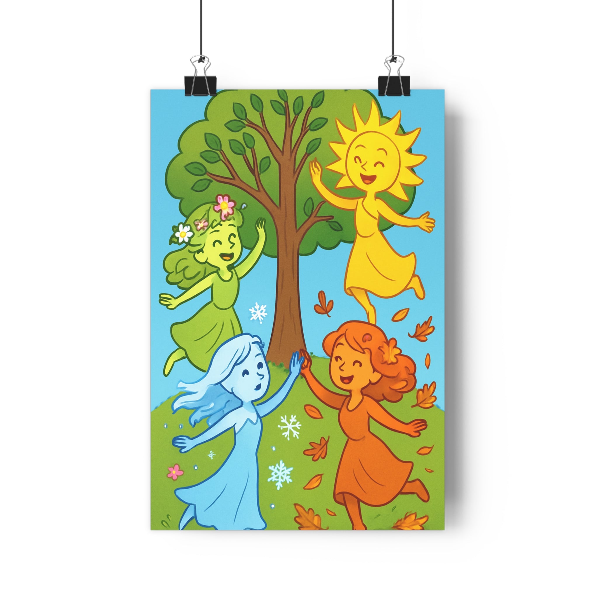 Poster décoratif coloré allégorique joyeux saisonnier vert jaune orange bleu dessin animé chambre qualité