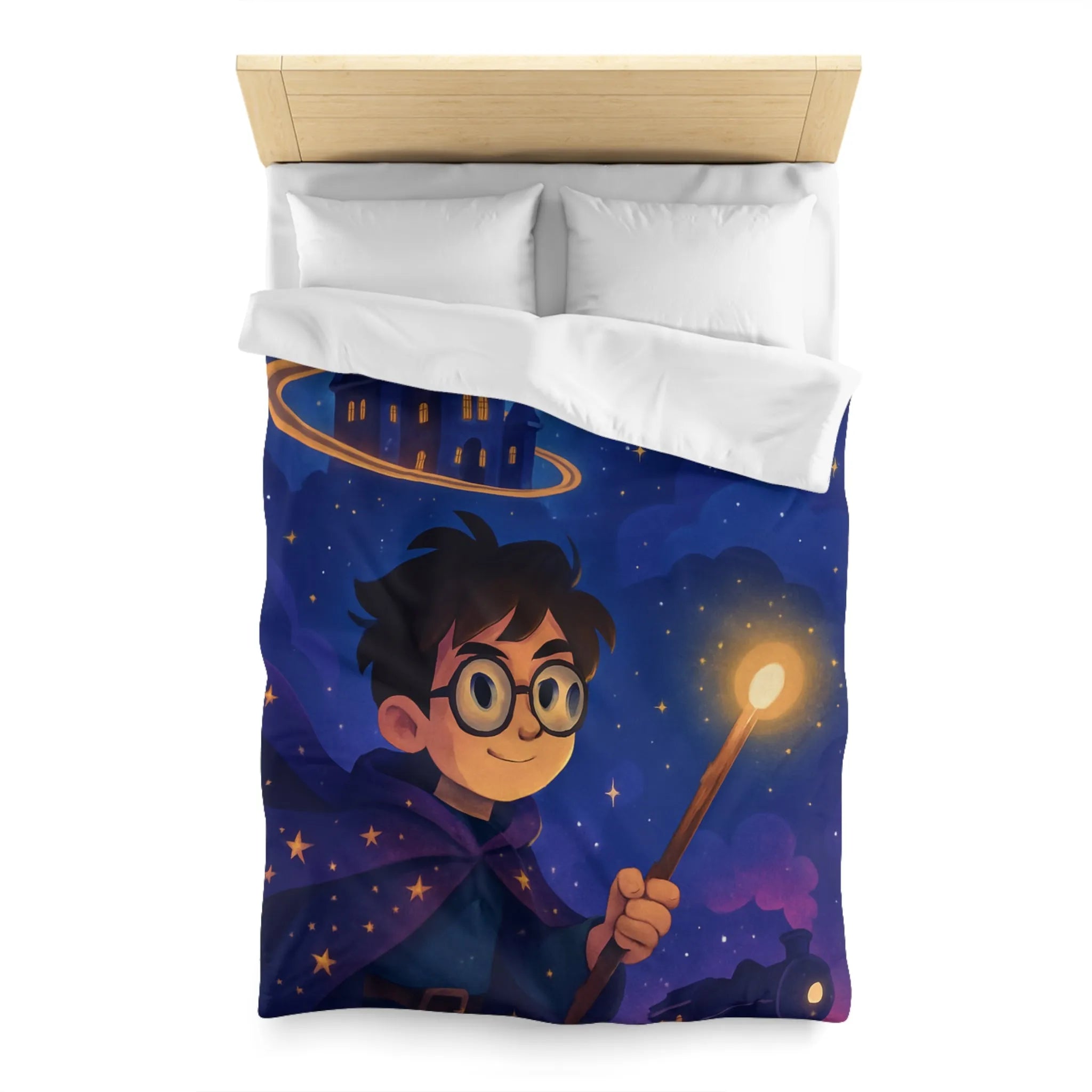 Housse de couette magique bleu nuit avec château, hibou et train enchanté