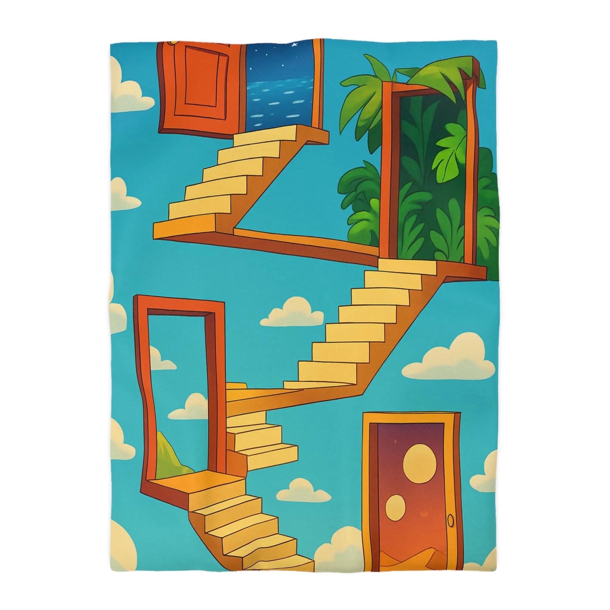 Housse de couette avec escaliers infinis et paysage surréaliste, ciel étoilé