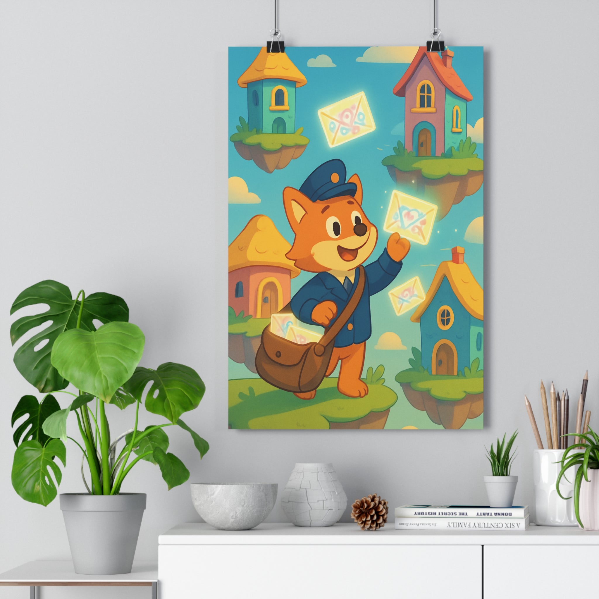 Poster décoratif renard fantaisie coloré joyeux enfant ciel magique unique 30x46 tendance rêveur lumineux