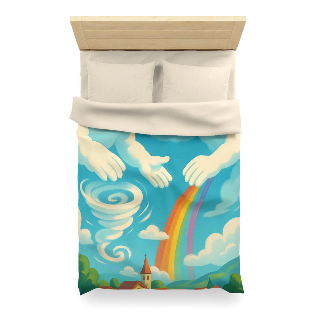 Art ludique de nuages souriants au-dessus d'un village teinté de couleurs vives