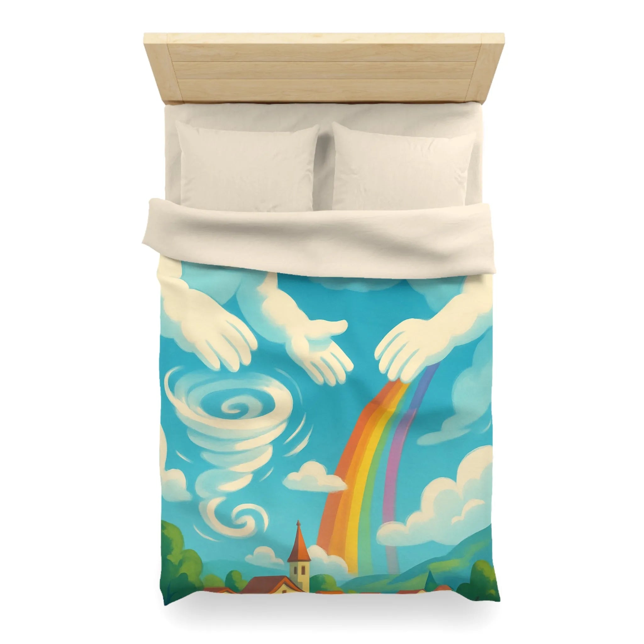 Art ludique de nuages souriants au-dessus d'un village teinté de couleurs vives