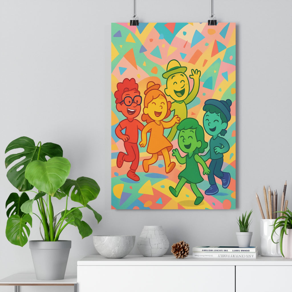 Poster décoratif joyeux dessin animé coloré rouge bleu jaune salon chambre dynamique enfant qualité