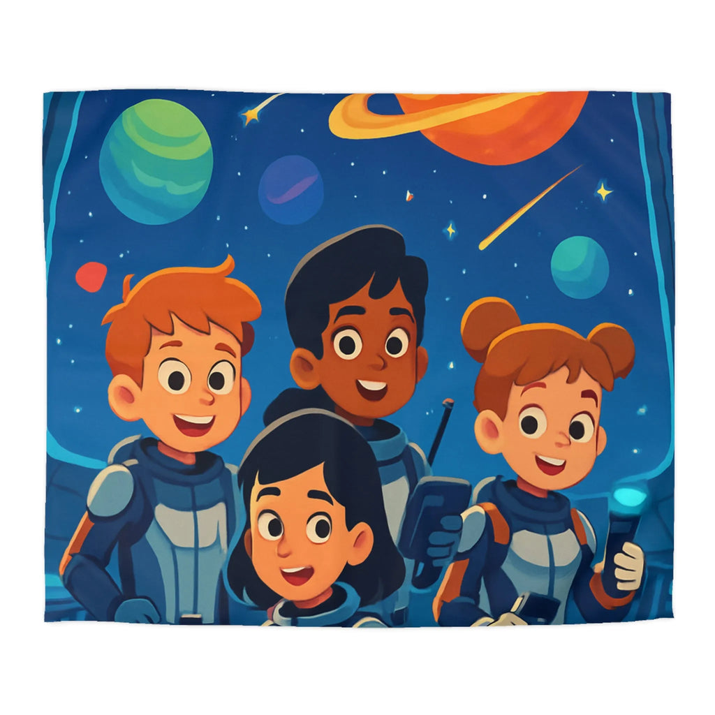 Housse de couette enfant en exploration spatiale avec planètes colorées et jeunes astronautes