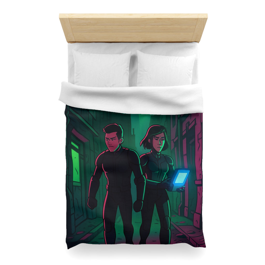 Housse de couette motif espionnage futuriste avec drones dans une ruelle mystérieuse