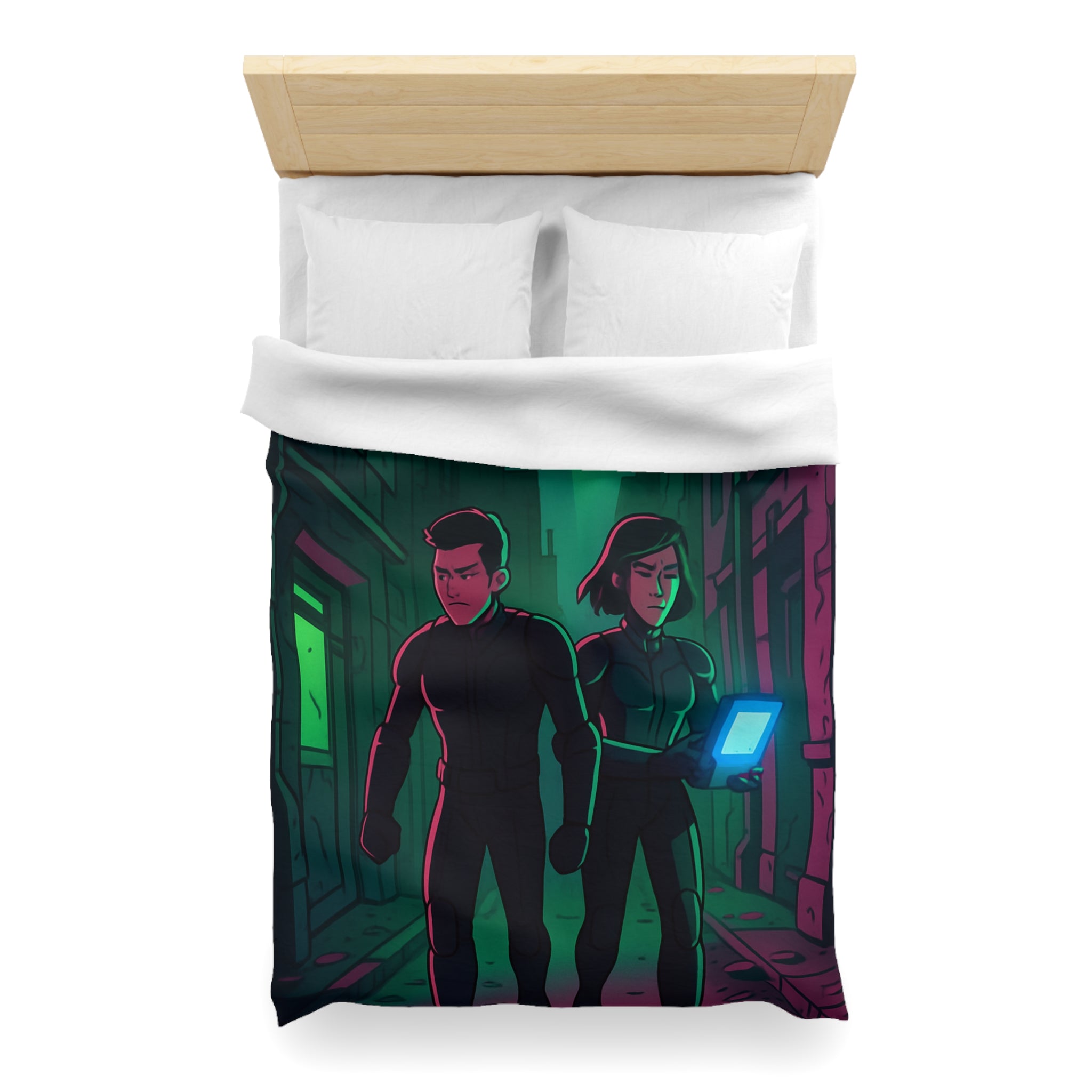 Housse de couette motif espionnage futuriste avec drones dans une ruelle mystérieuse