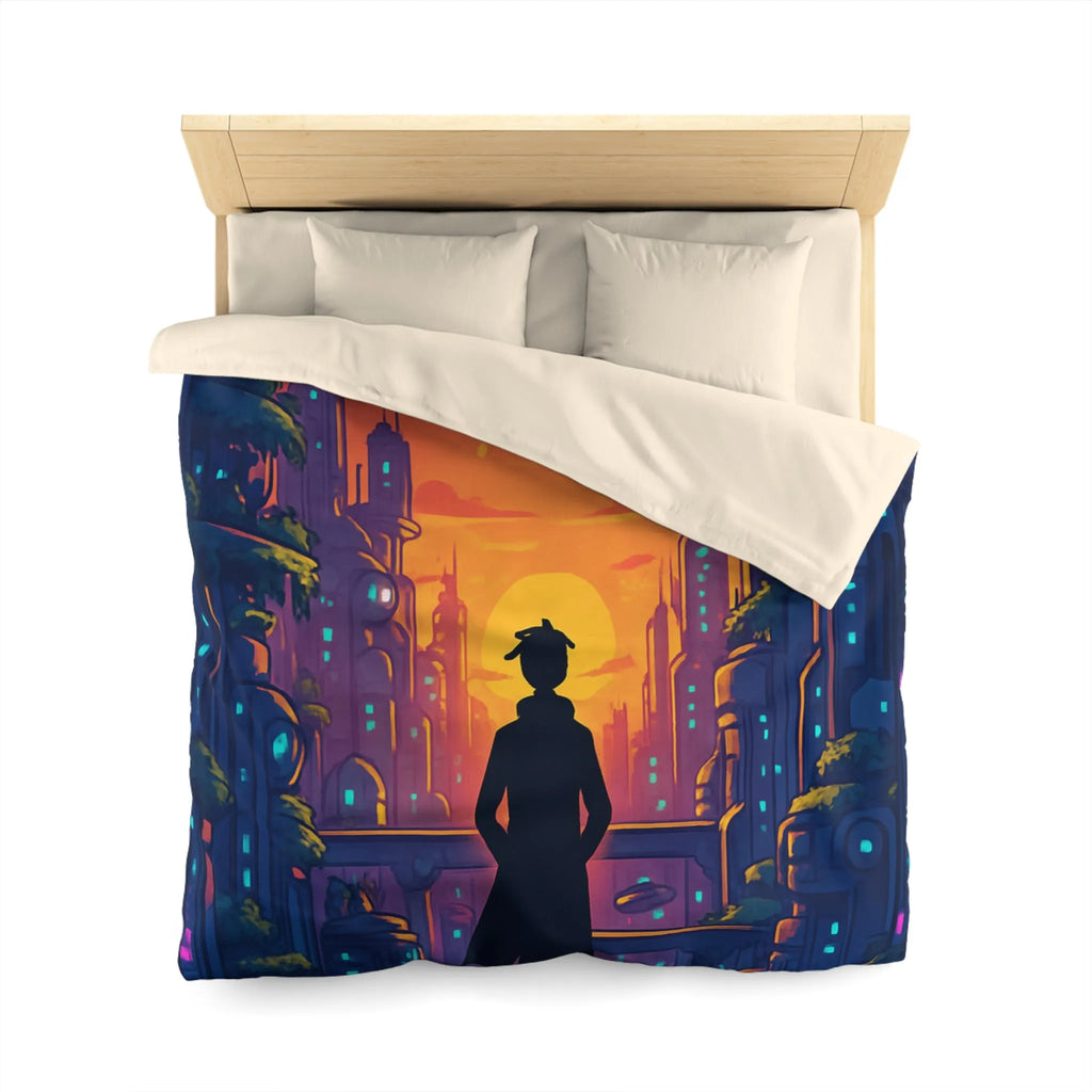 Housse de Couette Futuriste avec Paysage Urbain et Ciel Étoilé Orange et Bleu