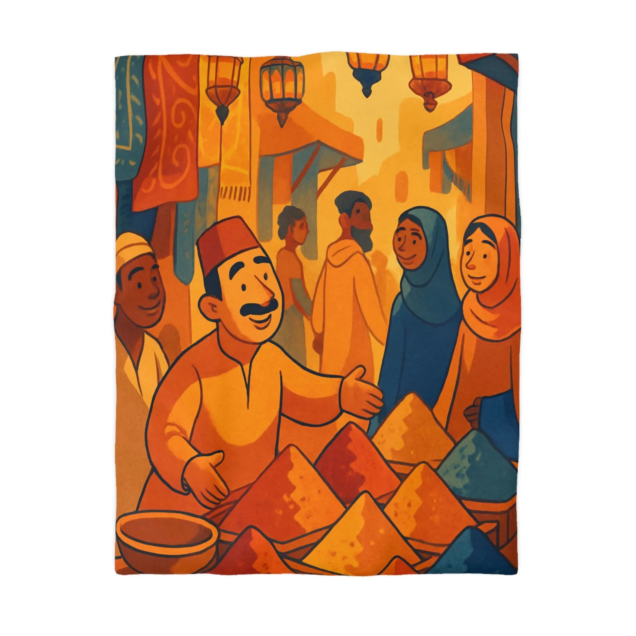 Housse de couette avec scène de marché colorée inspirée de l'art oriental chaleureux