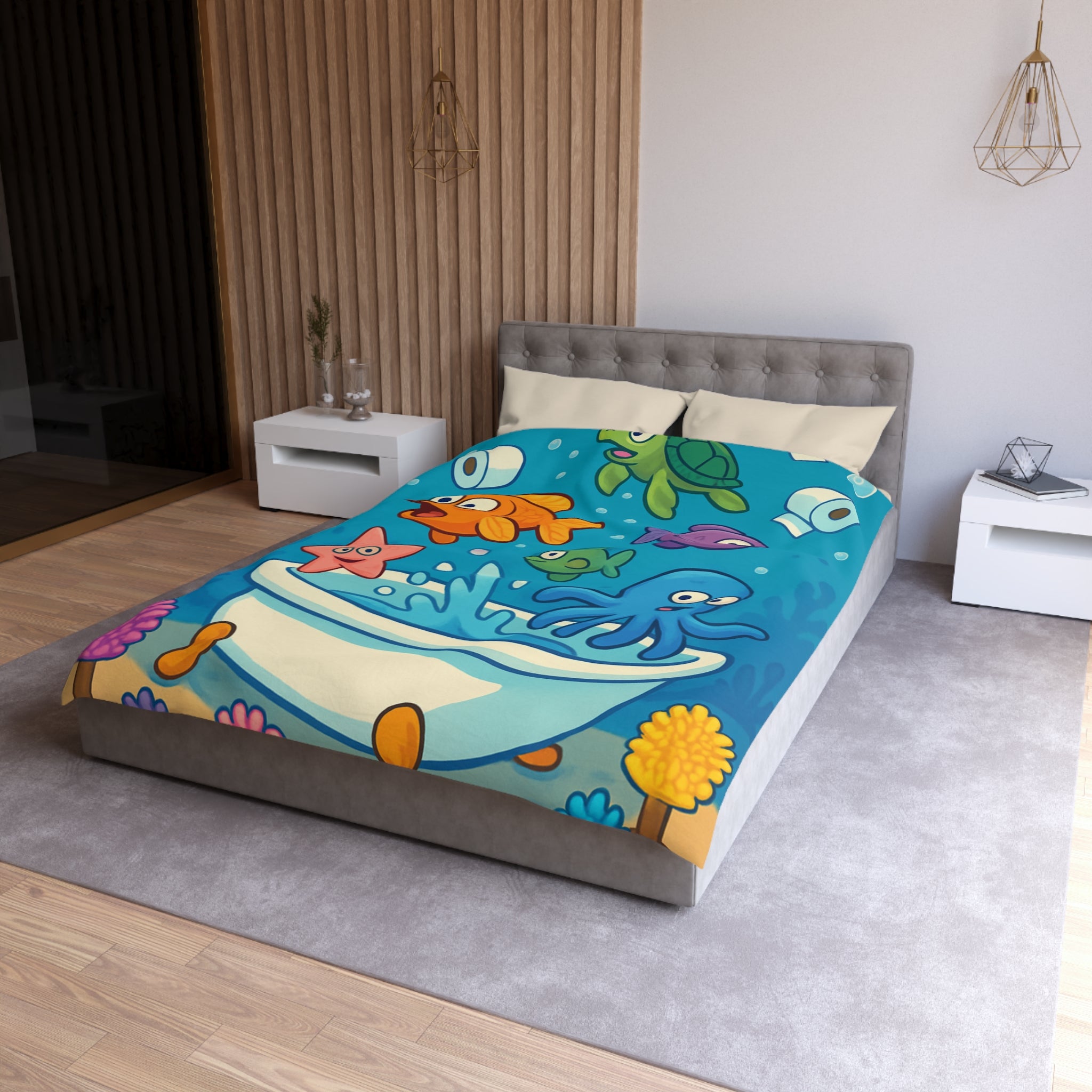 Housse de couette vibrante avec animaux marins humoristiques jouant dans une baignoire colorée