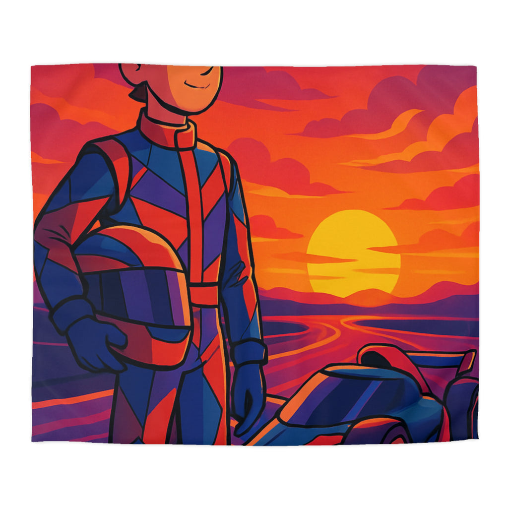 Housse de couette motif pilote de course et voiture au coucher du soleil vibrant