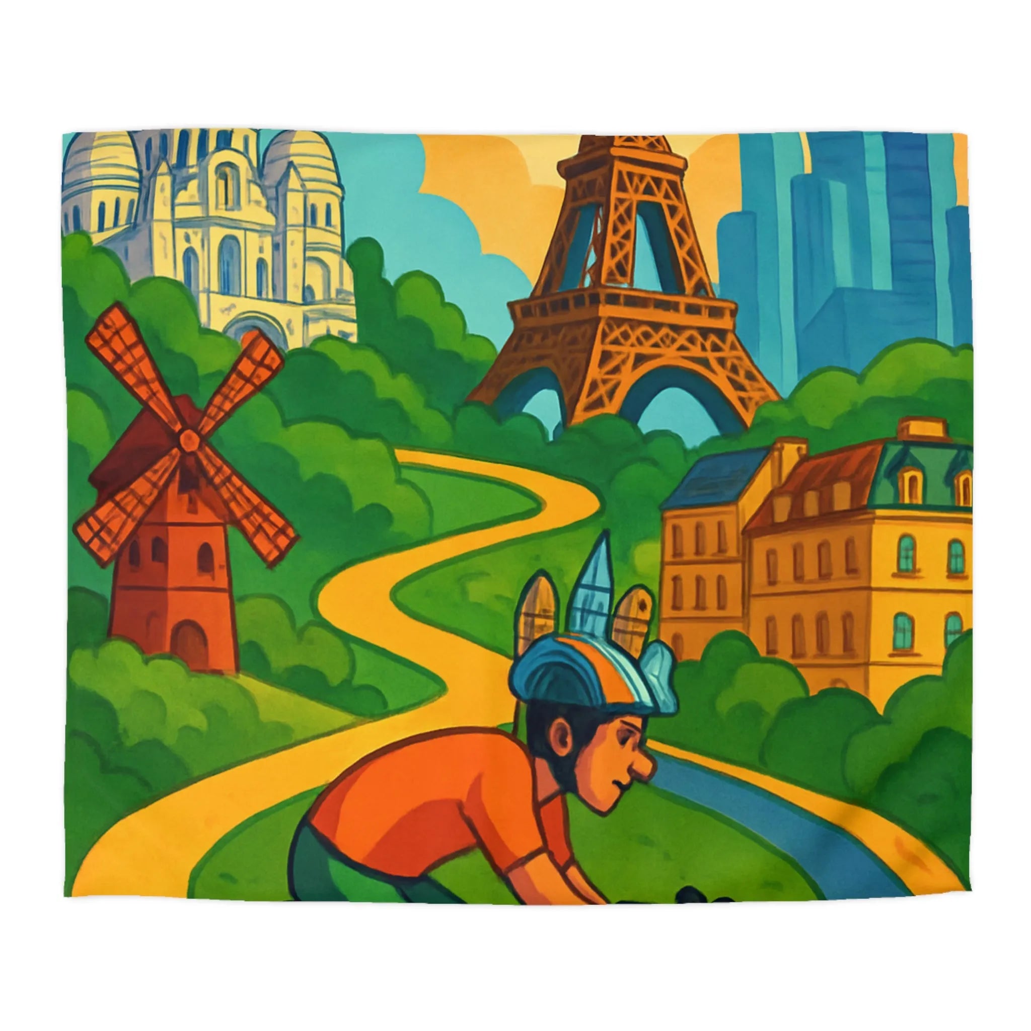 "Housse de Couette Parisienne Cycliste avec Tour Eiffel et Monuments Colorés Décorative"