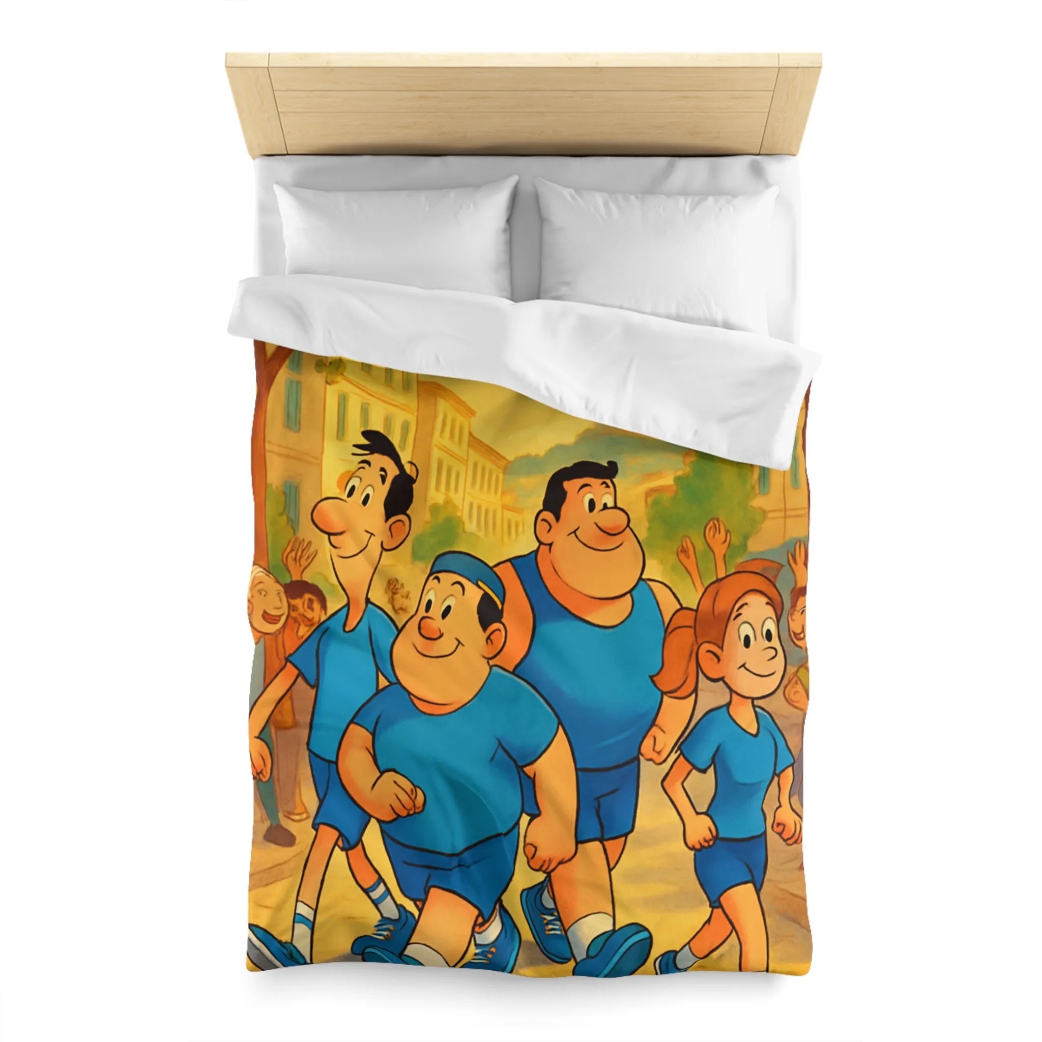 Housse de couette colorée avec personnages marchant joyeusement dans une rue animée