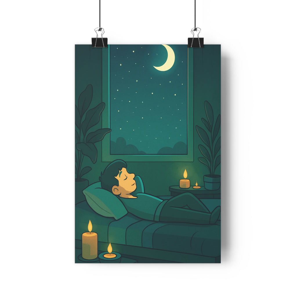 Poster décoratif dessin animé chambre adulte plantes vertes bougies ciel étoilé lune nuit qualité