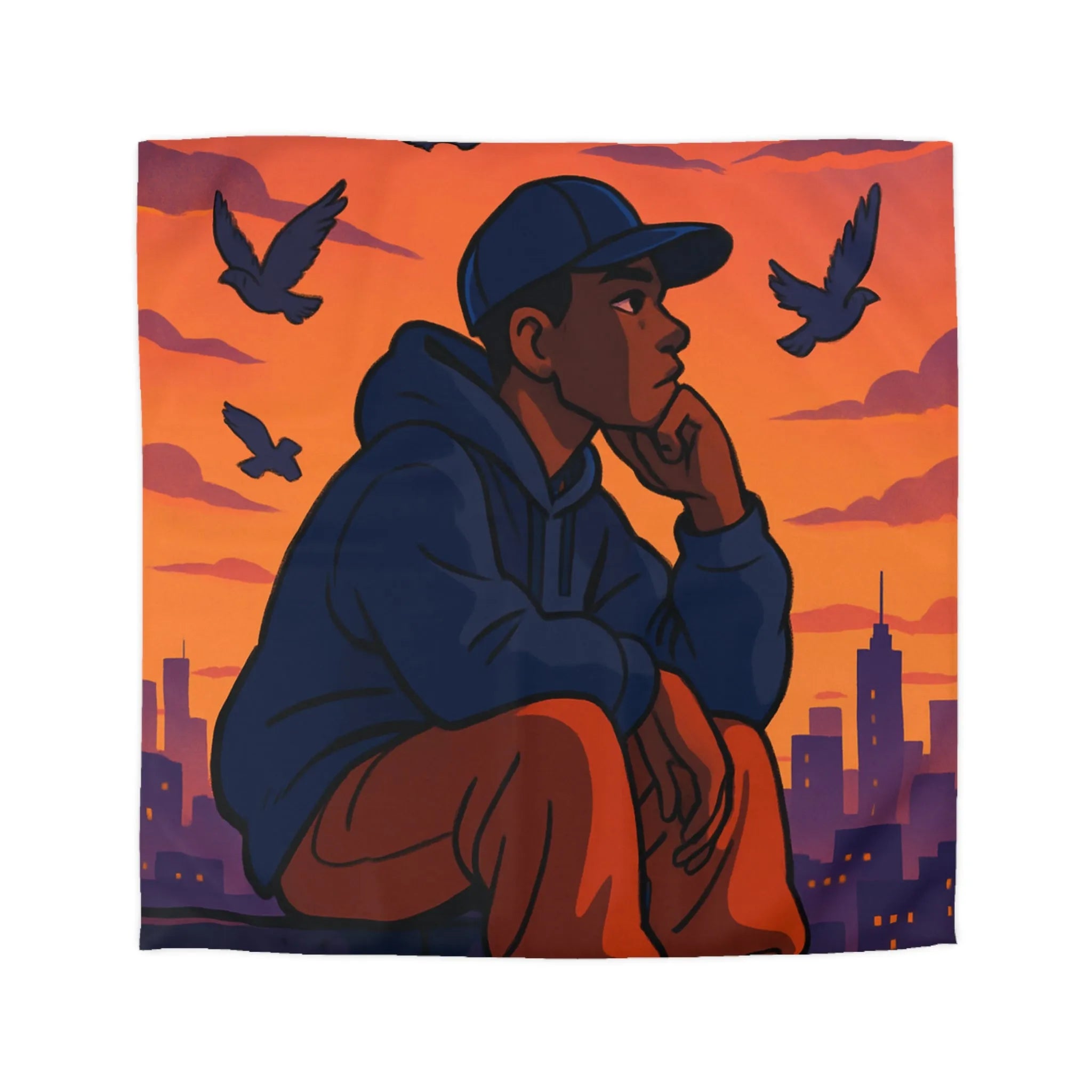 Housse de couette au design urbain moderne avec ciel crépusculaire et silhouette pensive