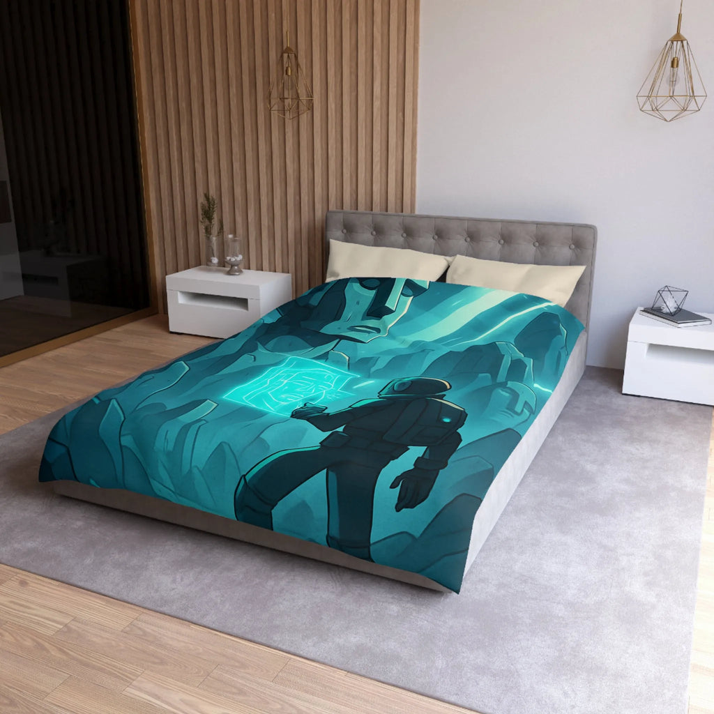 Housse de couette futuriste avec statues anciennes et explorateur dans une ambiance lumineuse néon