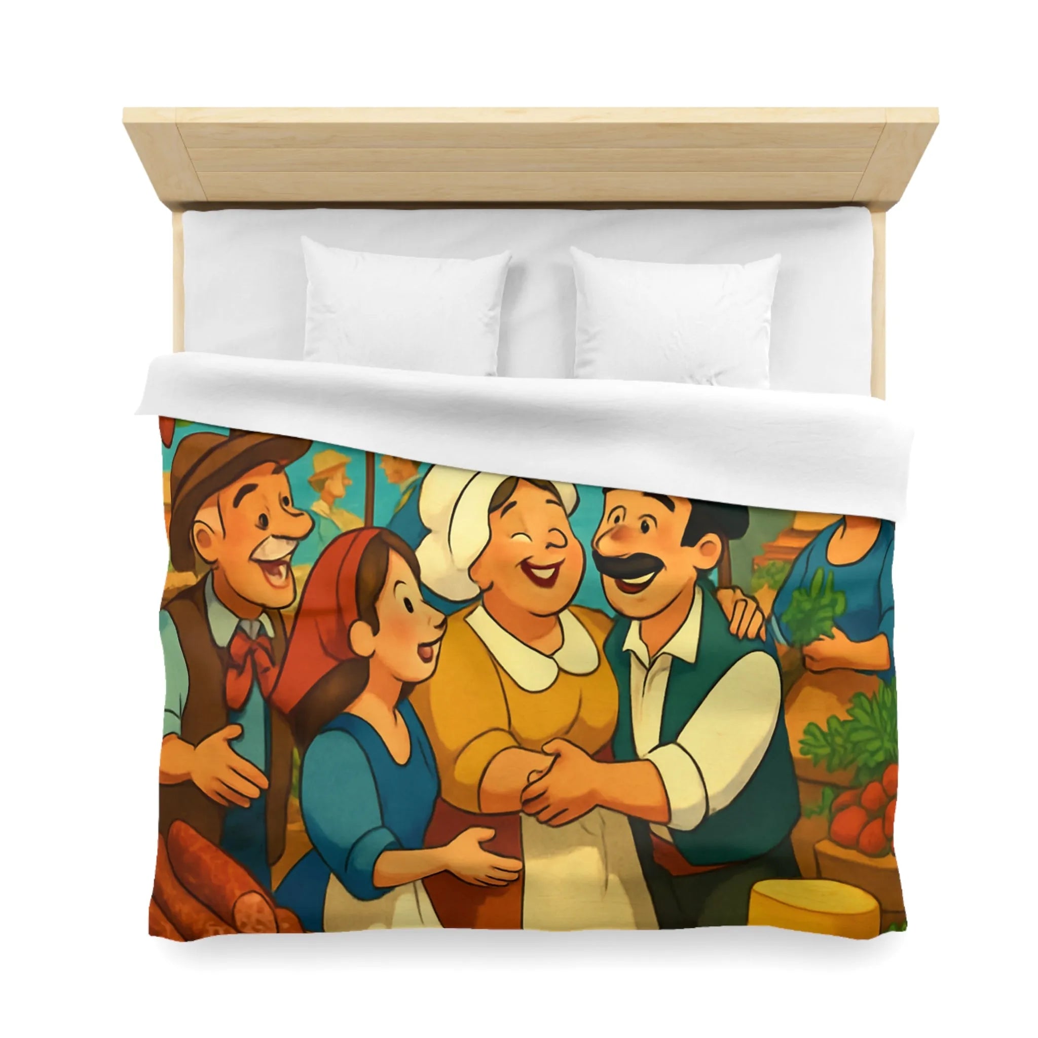 Housse de couette ambiance marché méditerranéen avec village en bord de mer