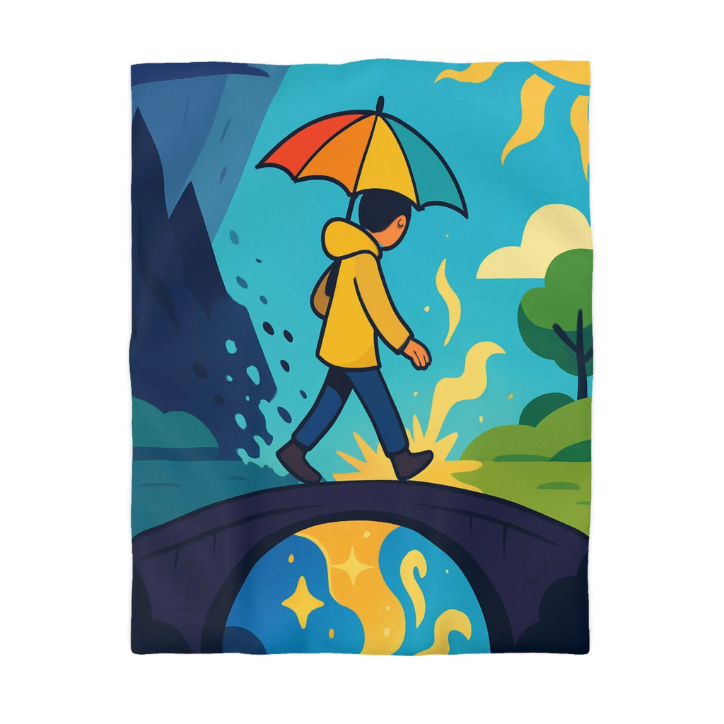 Housse de Couette Colorée avec Design de Personnage Sous Parapluie Multicolore