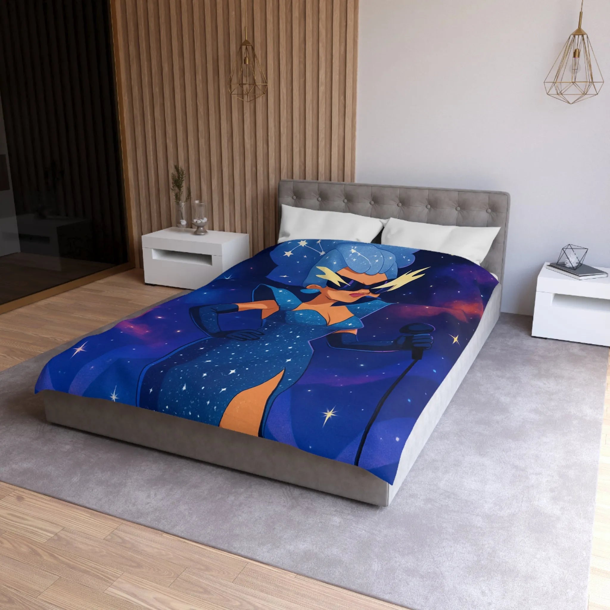 Housse de couette glamour avec étoile, chanteuse et ciel cosmique pour chambre moderne