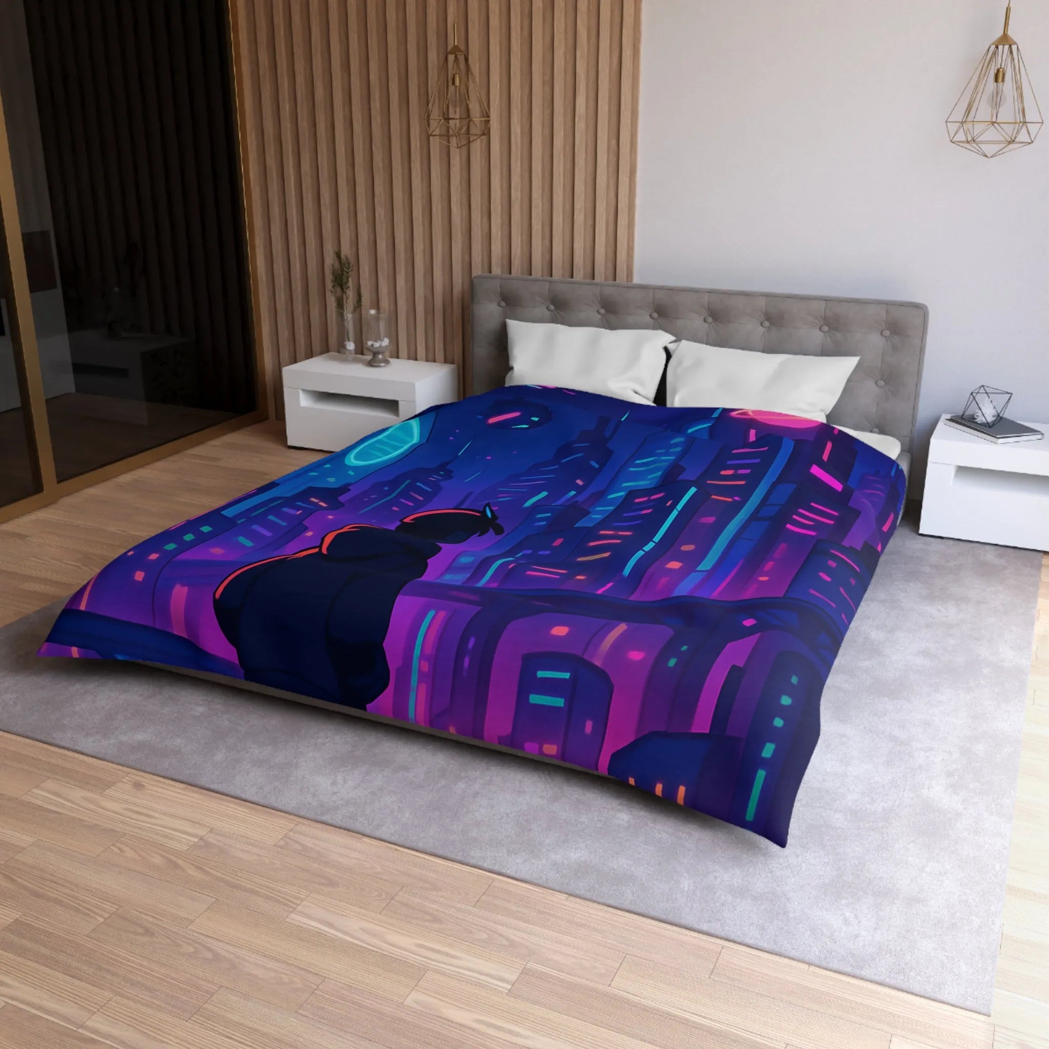 Housse de couette futuriste avec skyline néon vibrant et silhouette étoilée