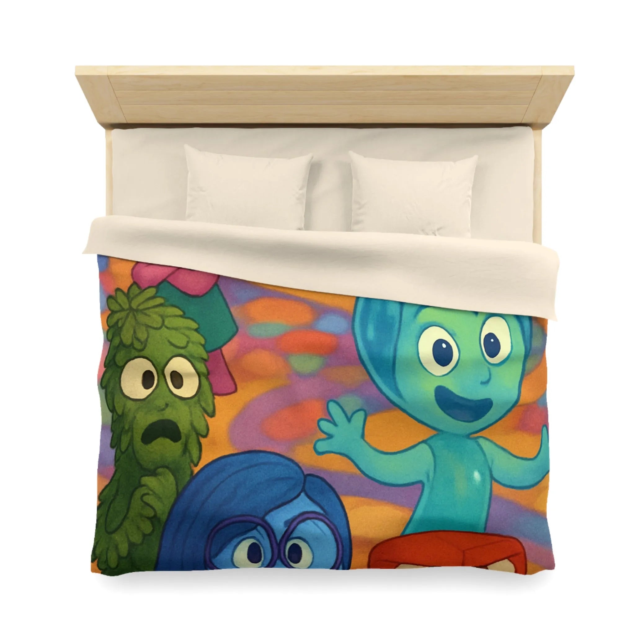 Housse de Couette Colorée avec Personnages Émotionnels dans un Monde Psychédélique de Fantaisie