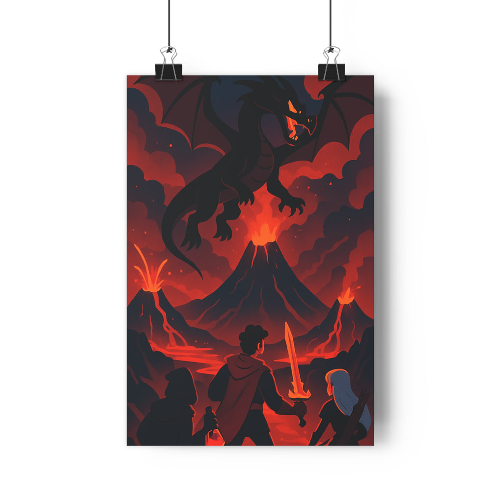 Poster décoratif aventure dragon volcan personnage courageux anime dramatique rouge noir intense salon bureau
