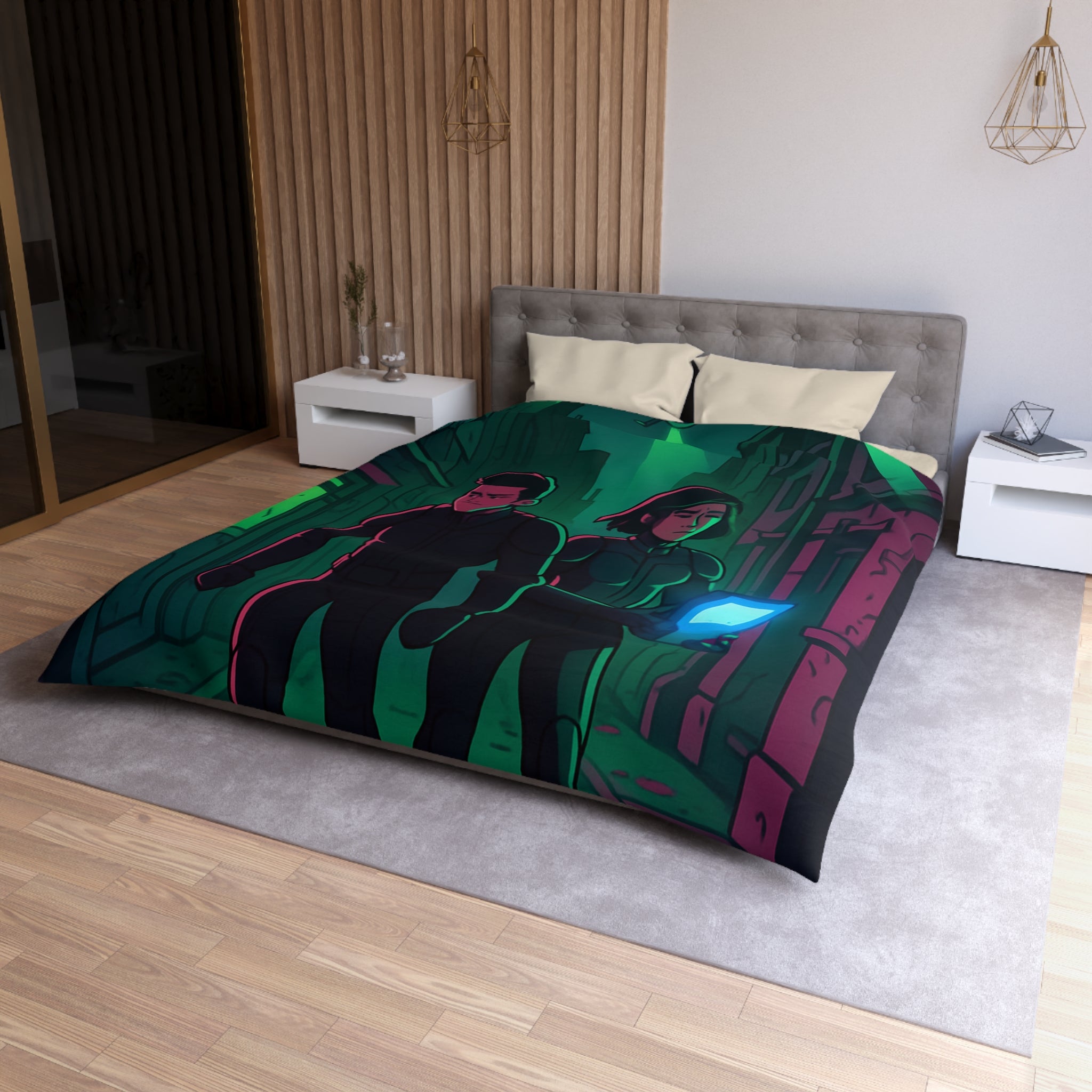 Housse de couette motif espionnage futuriste avec drones dans une ruelle mystérieuse