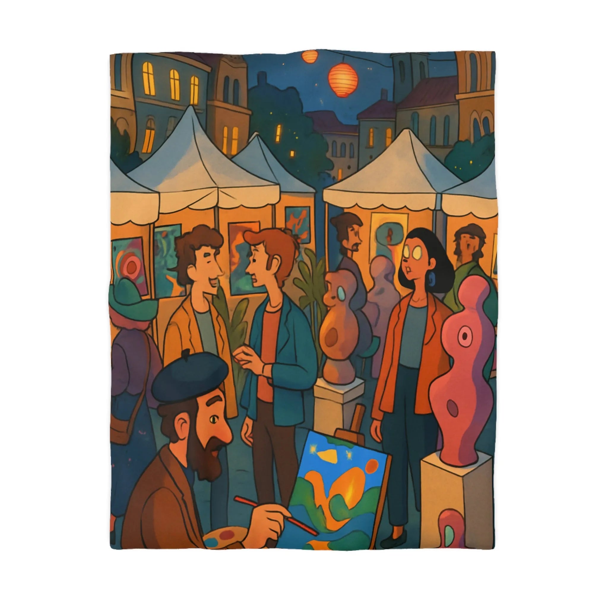 Housse de couette avec scène de marché nocturne animé et sculptures colorées