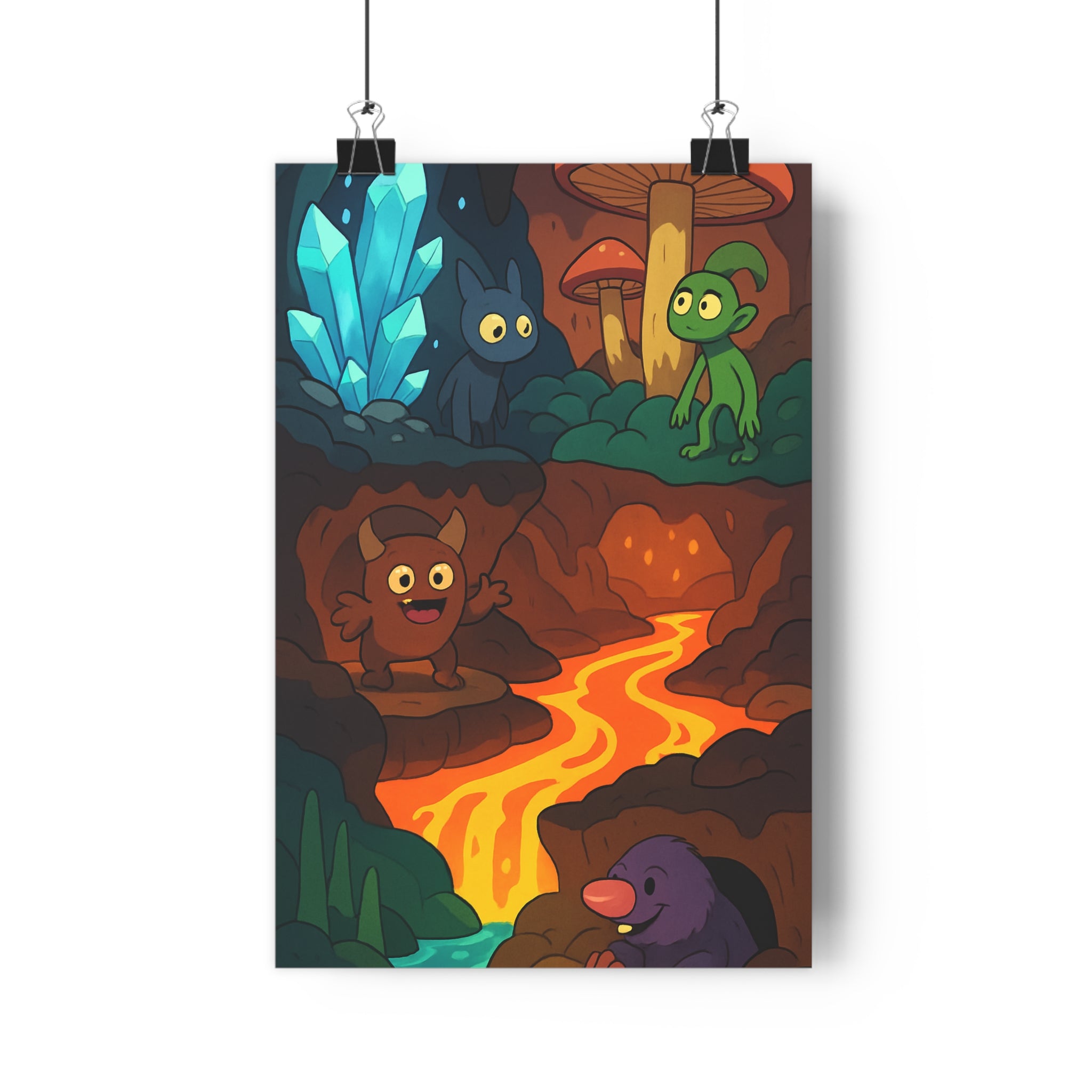Poster décoratif monde souterrain créatures fantastiques bleu vert marron violet cartoon enfant aventure lumineux
