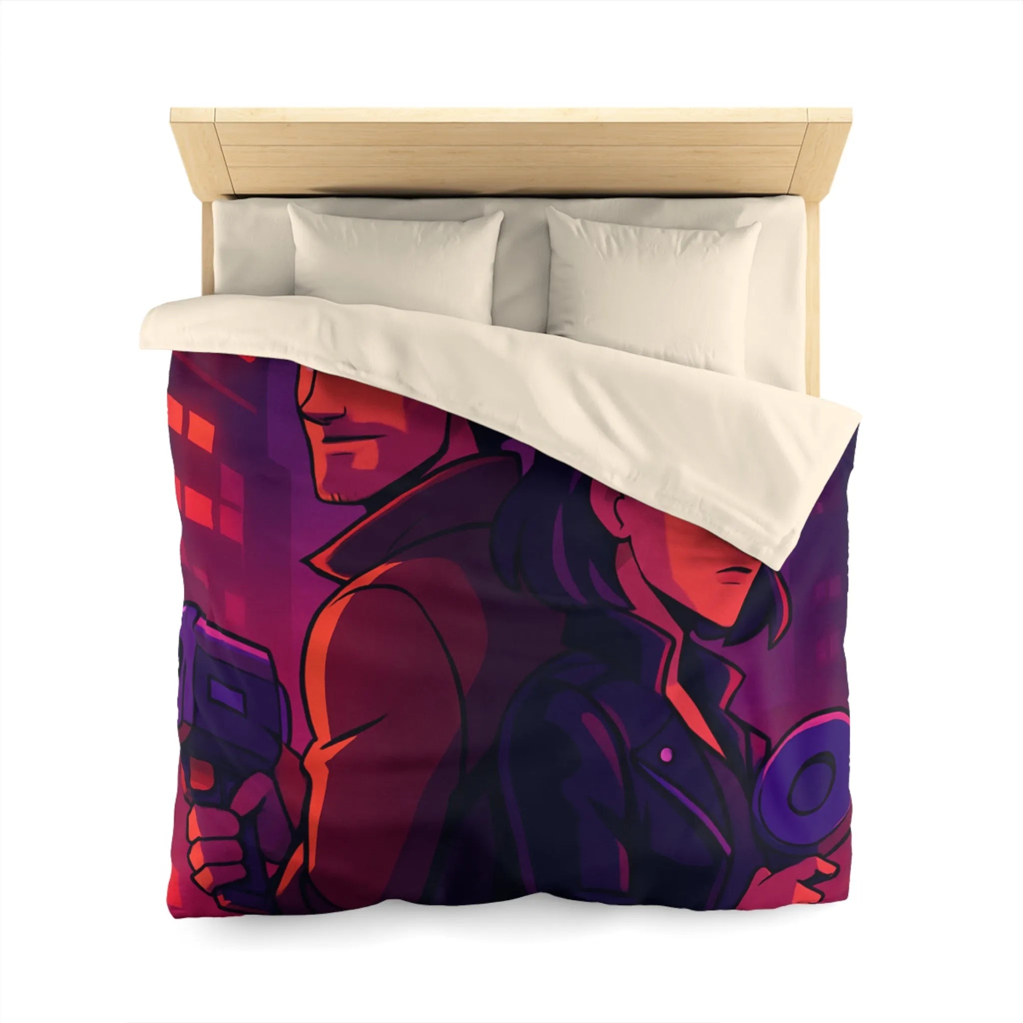 Housse de couette aventure urbaine avec duo de détectives dans néons lumineux