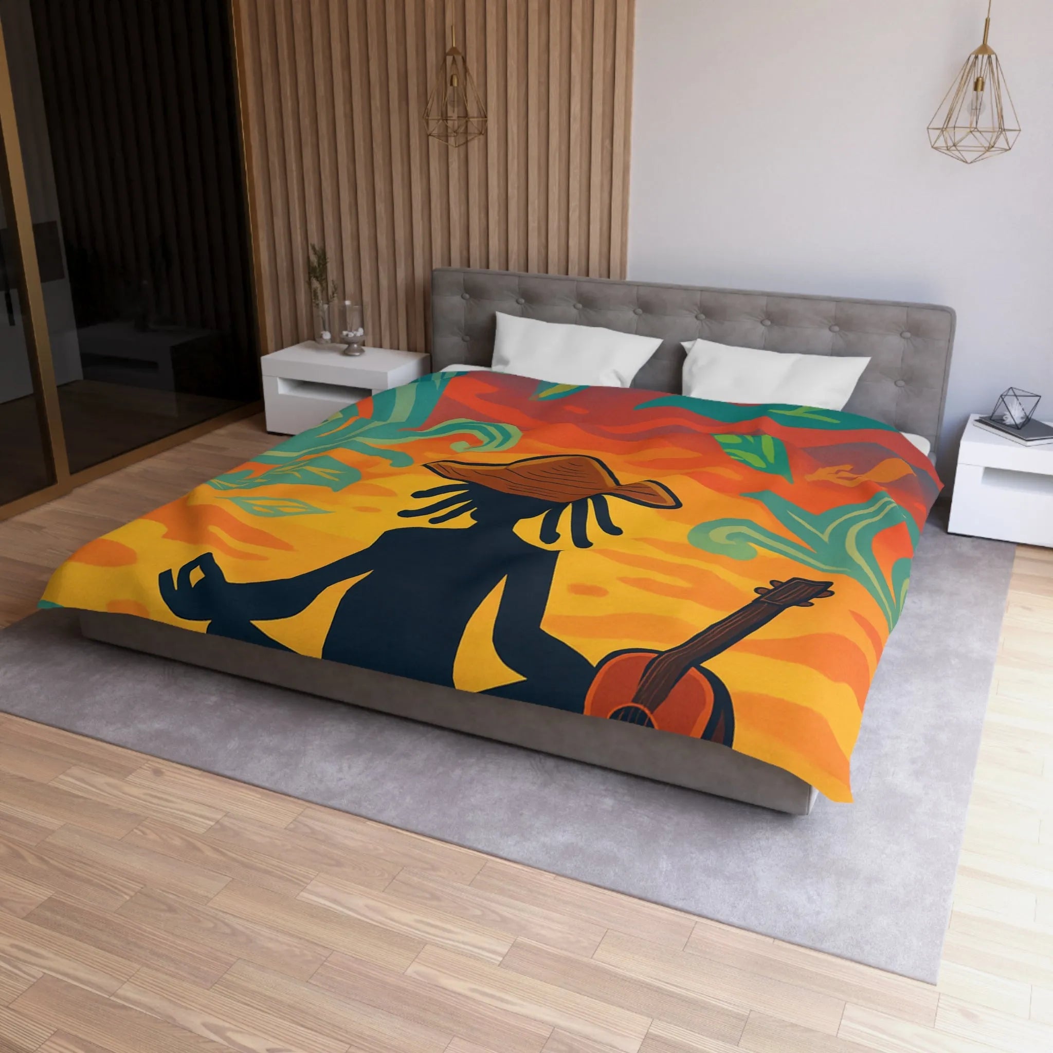 Housse de couette avec silhouette méditative et nature vibrante sous coucher de soleil coloré