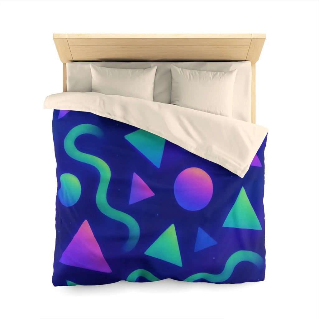 Housse de Couette Géométrique Néon Triangles Cercles Serpentins Design Psychédélique Bleu Violet