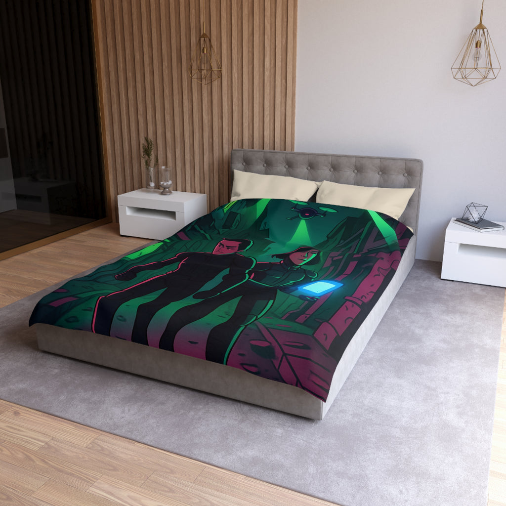 Housse de couette motif espionnage futuriste avec drones dans une ruelle mystérieuse