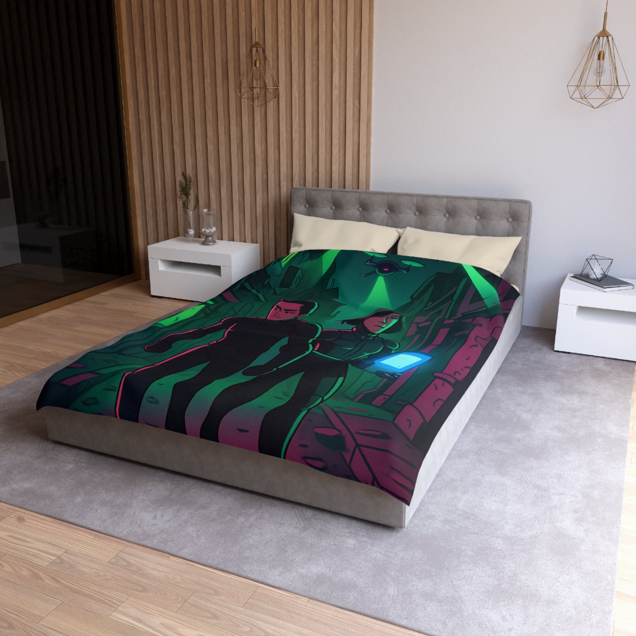 Housse de couette motif espionnage futuriste avec drones dans une ruelle mystérieuse