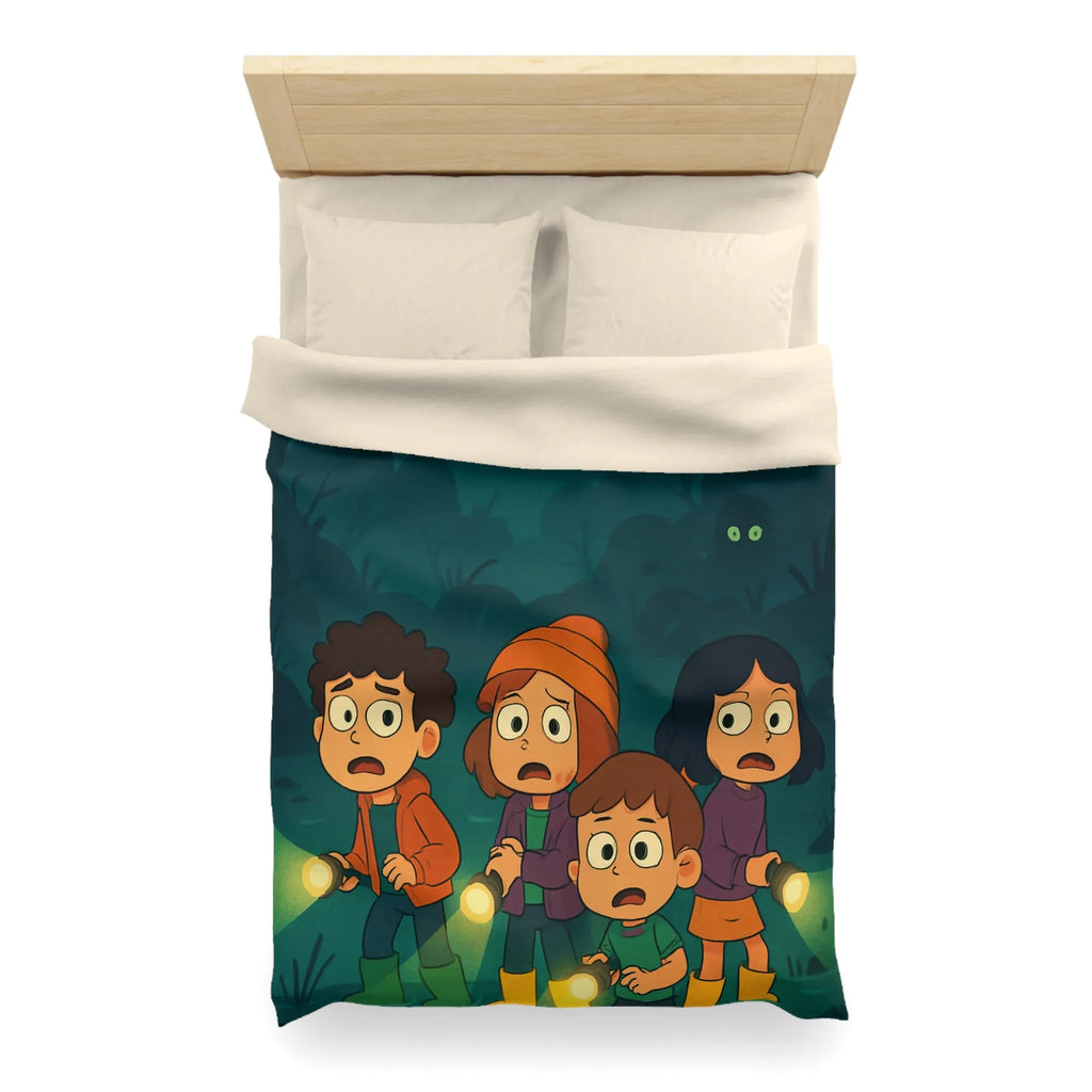 Housse de couette illustrée avec enfants explorant forêt mystérieuse par nuit de pleine lune