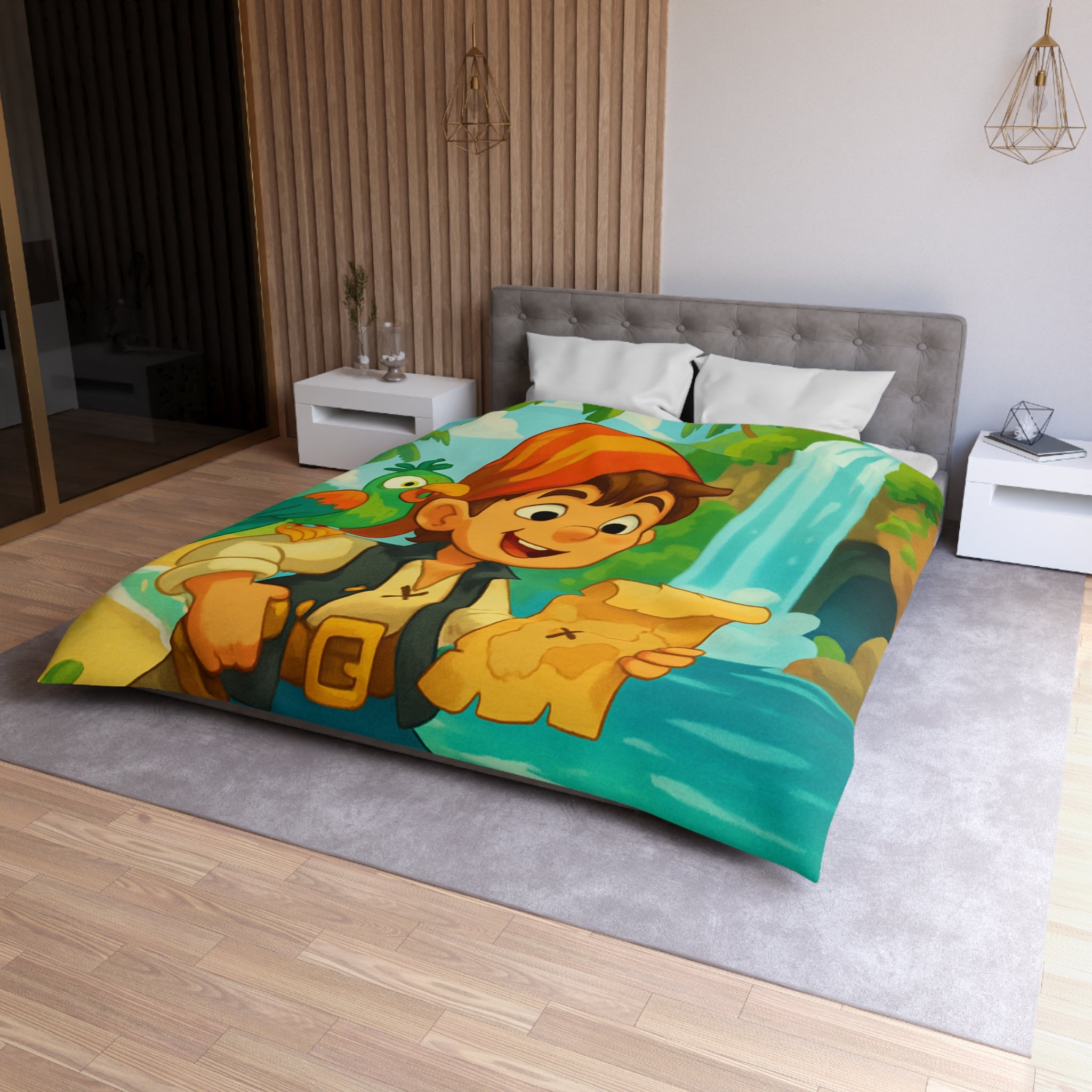 Housse de Couette Pirate Enfantine avec Perroquet, Carte au Trésor, Cascade et Plage