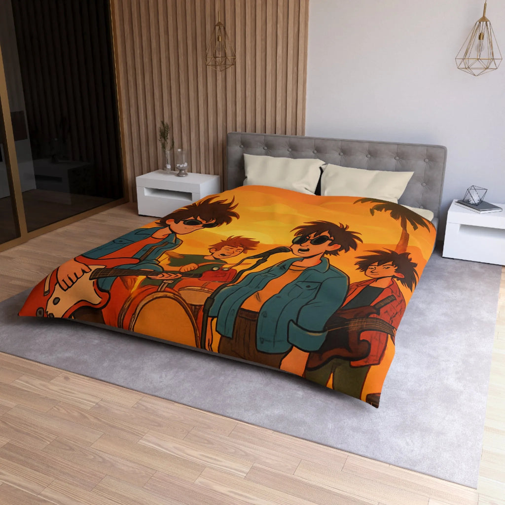 Housse de couette ensoleillée avec musiciens, ambiance rétro pour chambres modernes et vintage