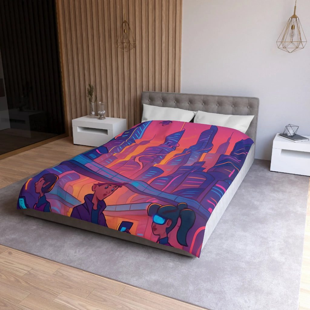 Housse de couette décor futuriste avec ville néon et gratte-ciel au coucher du soleil