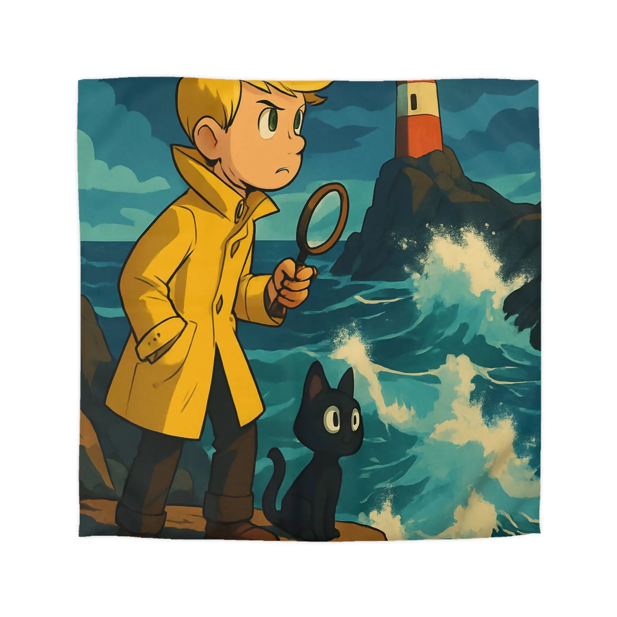 Housse de Couette Aventure Enfantine avec Phare, Océan et Chat Mystérieux