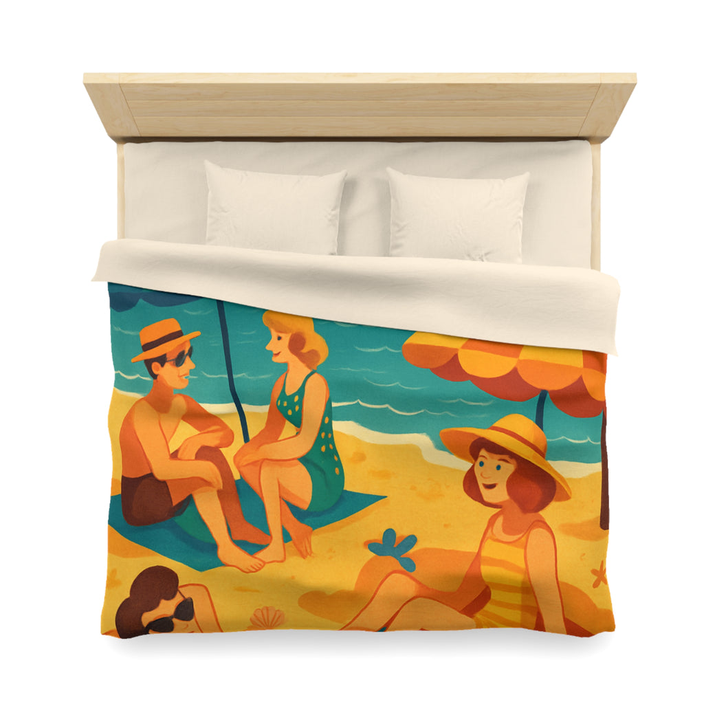 Housse de couette rétro plage colorée avec palmiers, parasols et amis au soleil