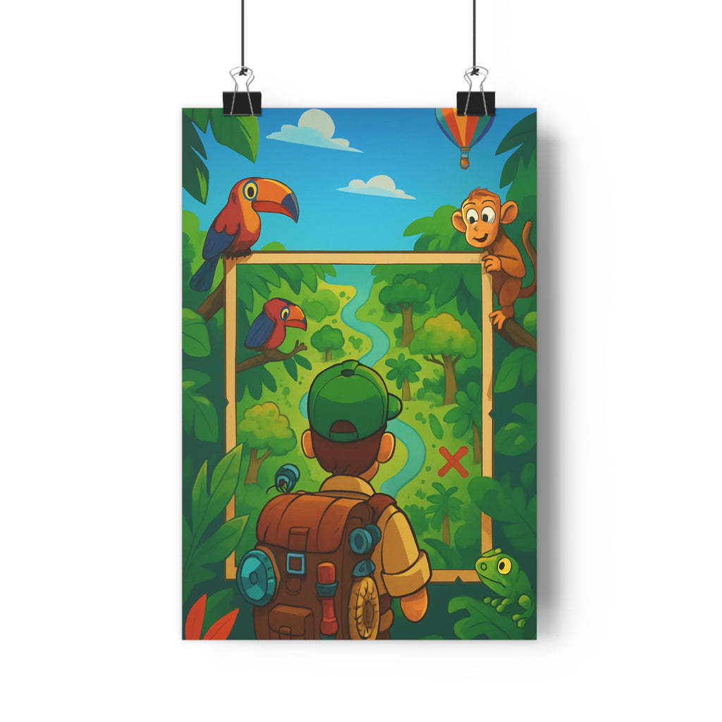 Poster décoratif aventure ludique jungle explorateur coloré joyeux chambre enfant carte toucan singe ballon
