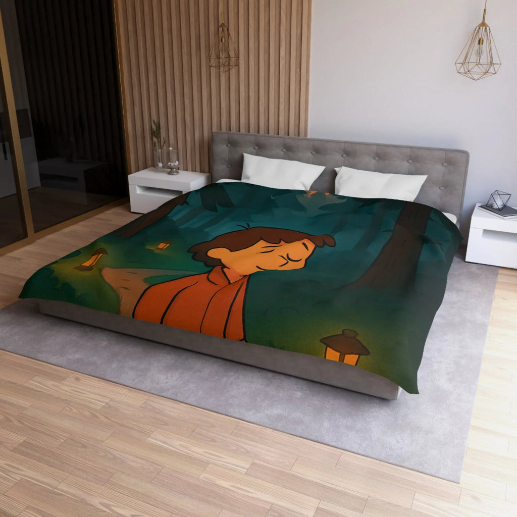 Housse de couette enfantine avec décor paisible de forêt au crépuscule pleine de lanternes