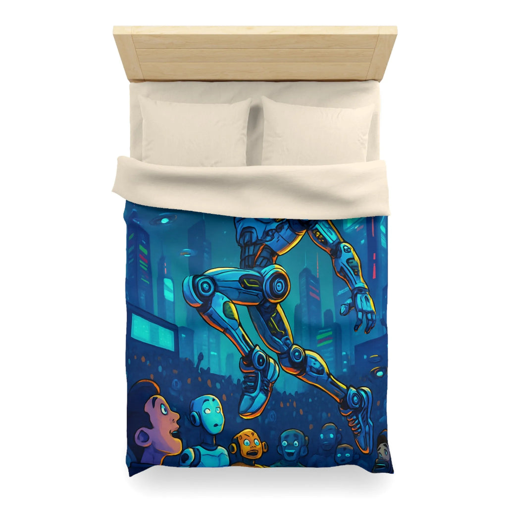 Housse de couette futuriste avec robot jouant au basket dans une ville lumineuse