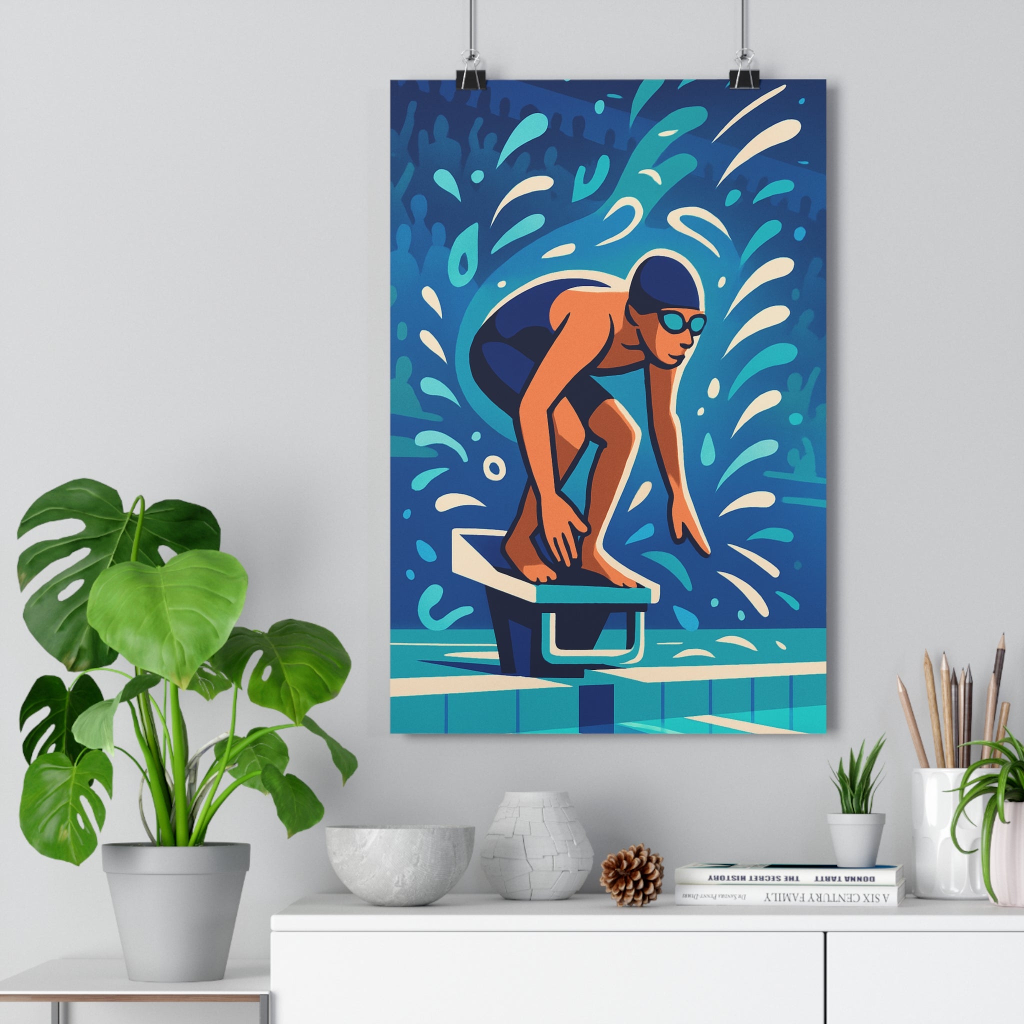 Poster décoratif cartoon nageur bleu orange sportif dynamique chambre enfant piscine format 30x46 cm