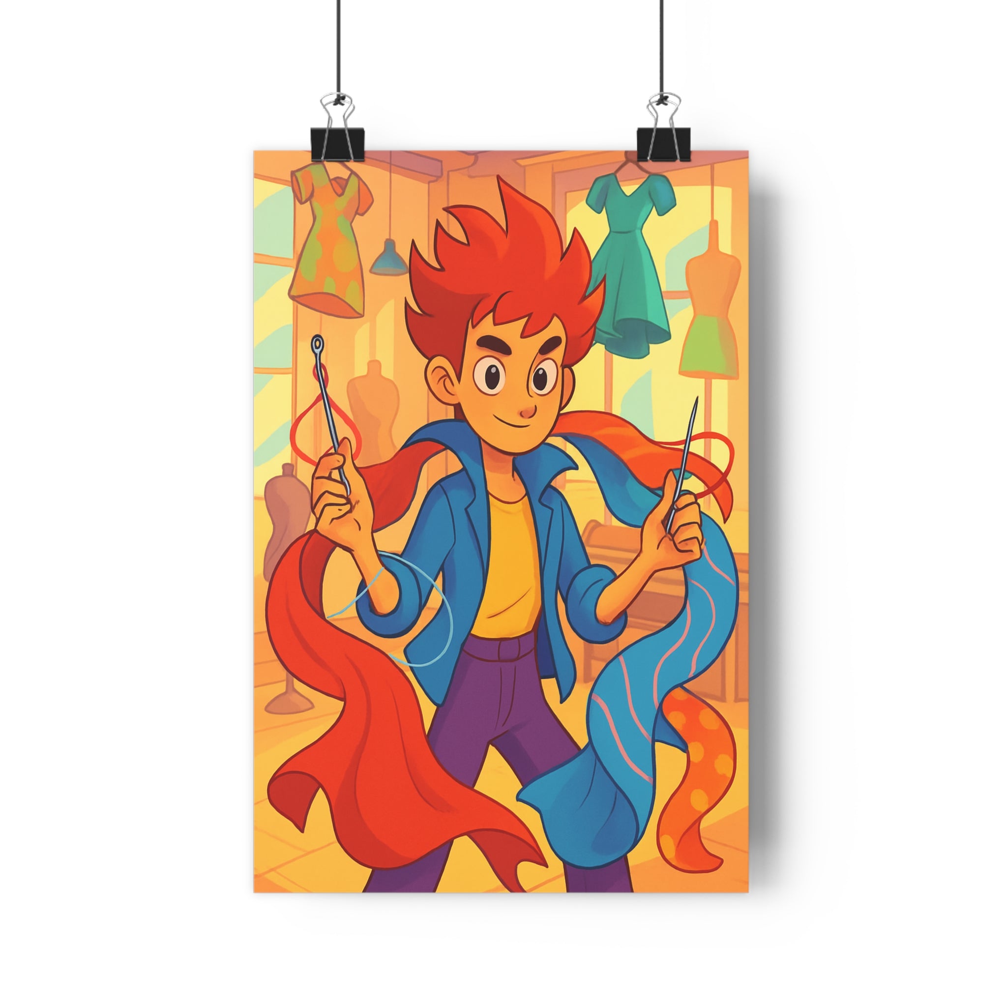 Poster décoratif cartoon moderne bleu rouge orange joyeux chambre enfant atelier couture élégant créatif