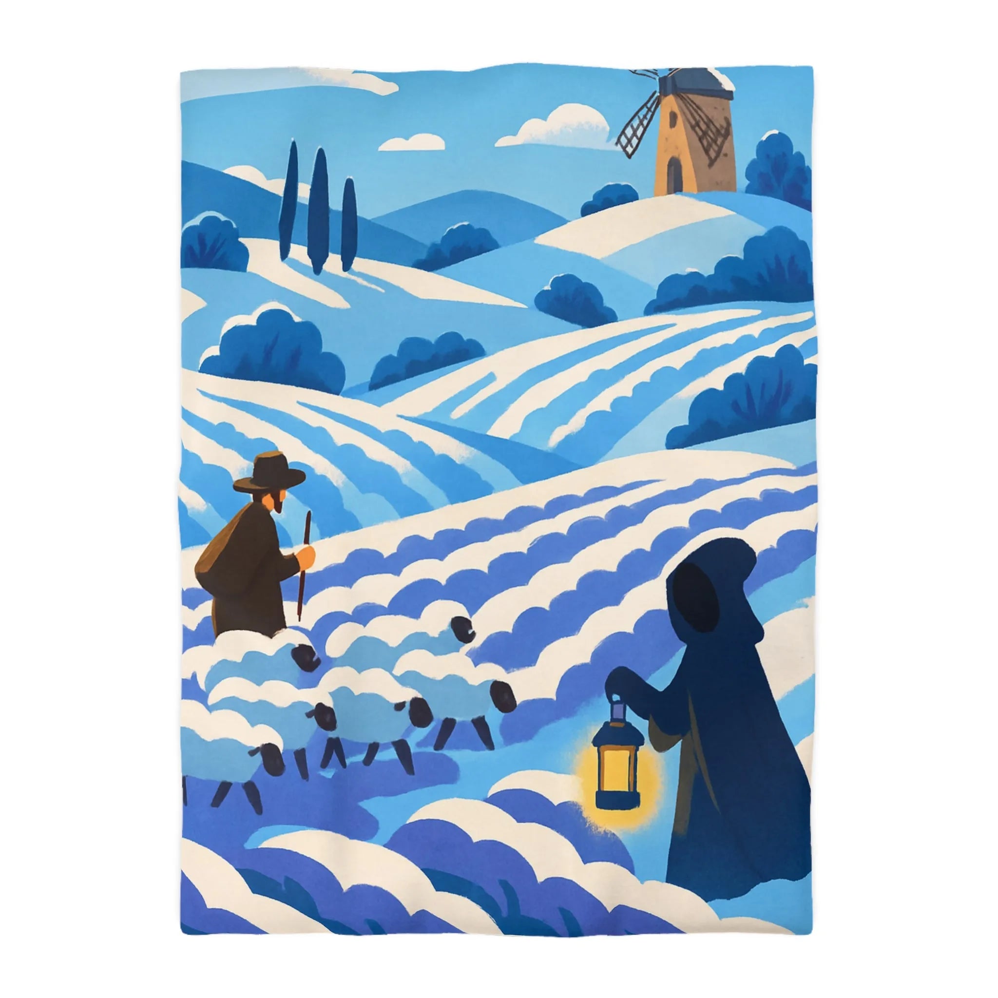 Housse de couette champêtre avec berger, moutons et moulin dans un paysage rêveur