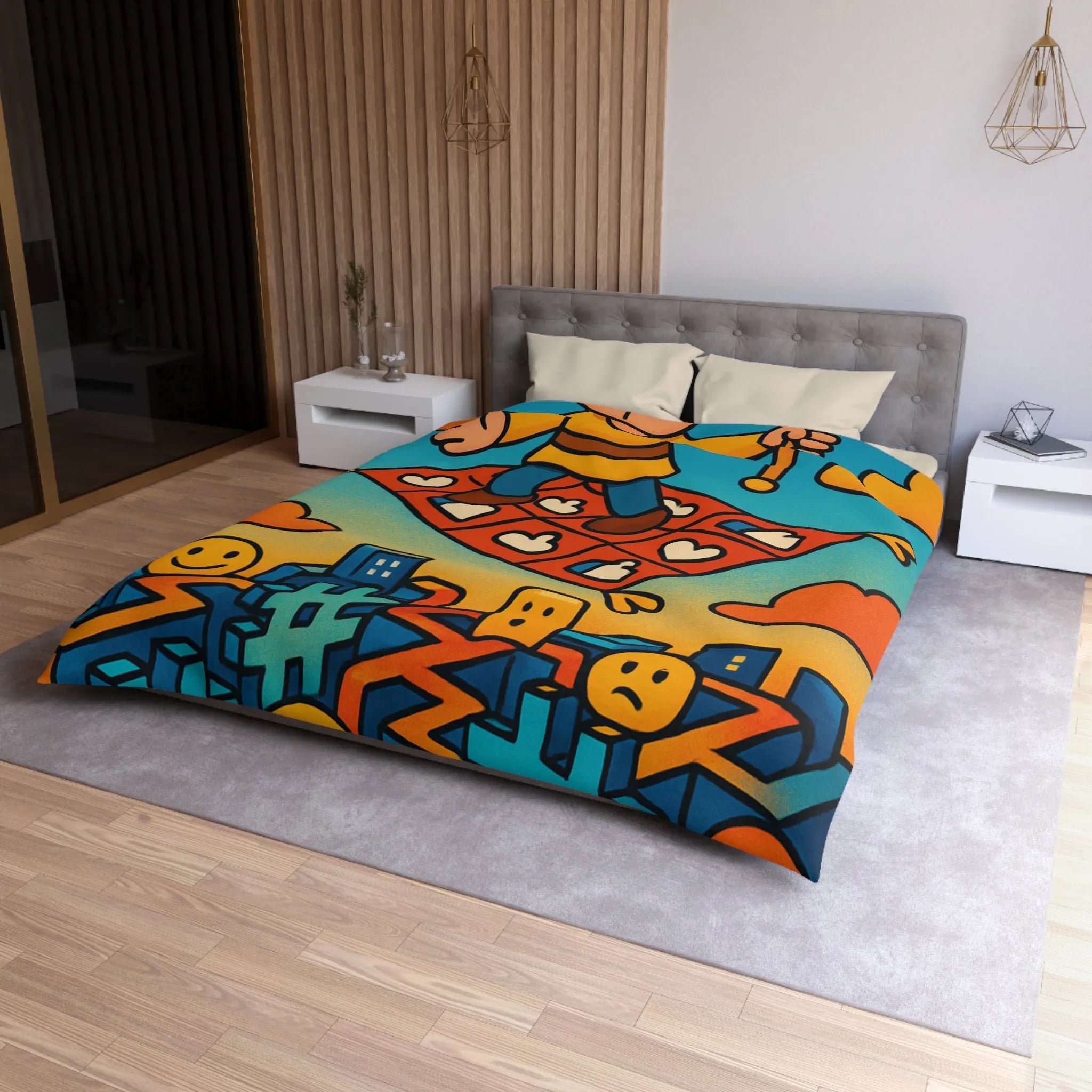 Housse de couette colorée avec un personnage sur un tapis volant magique