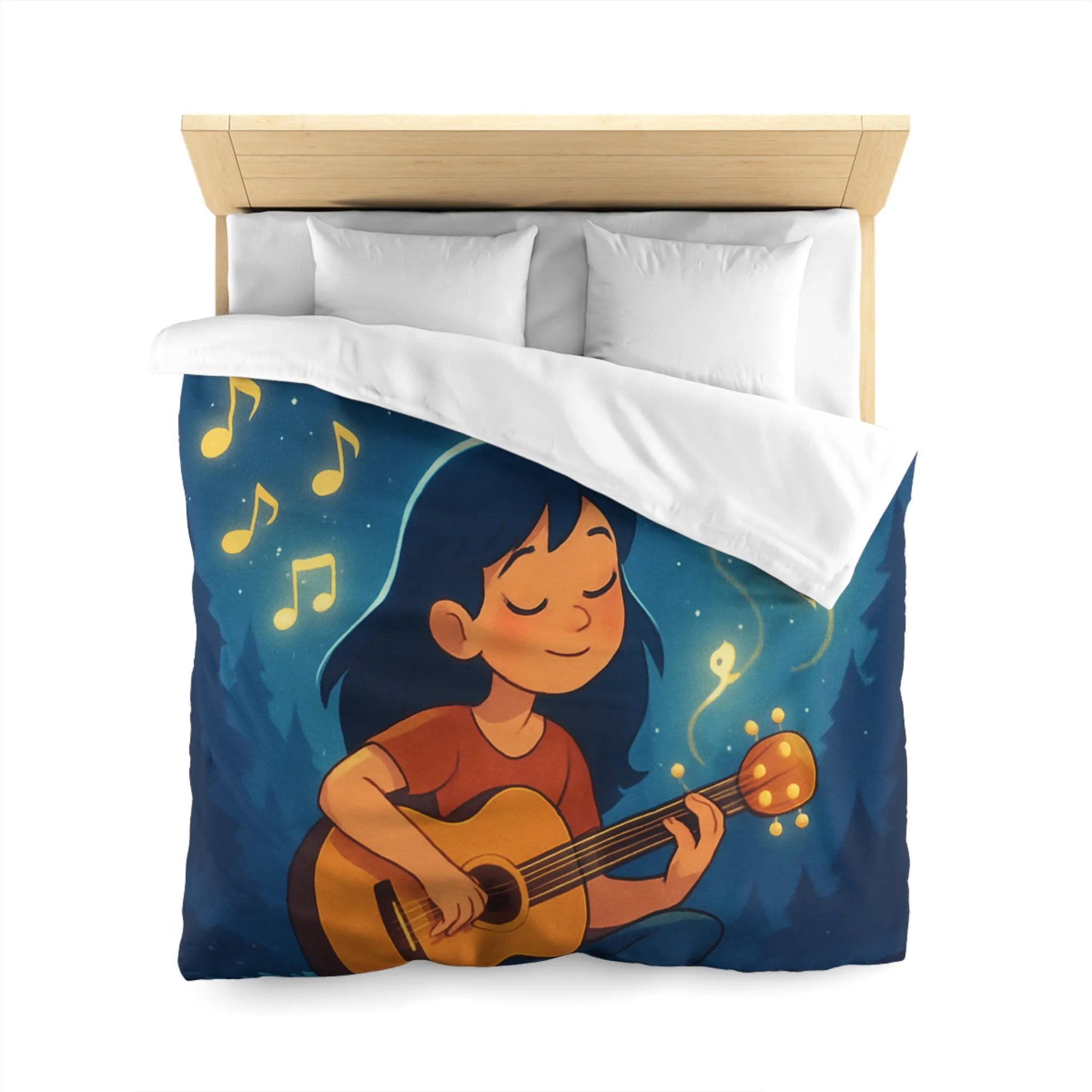 Housse de couette enchantée avec enfant jouant de la guitare sous la pleine lune