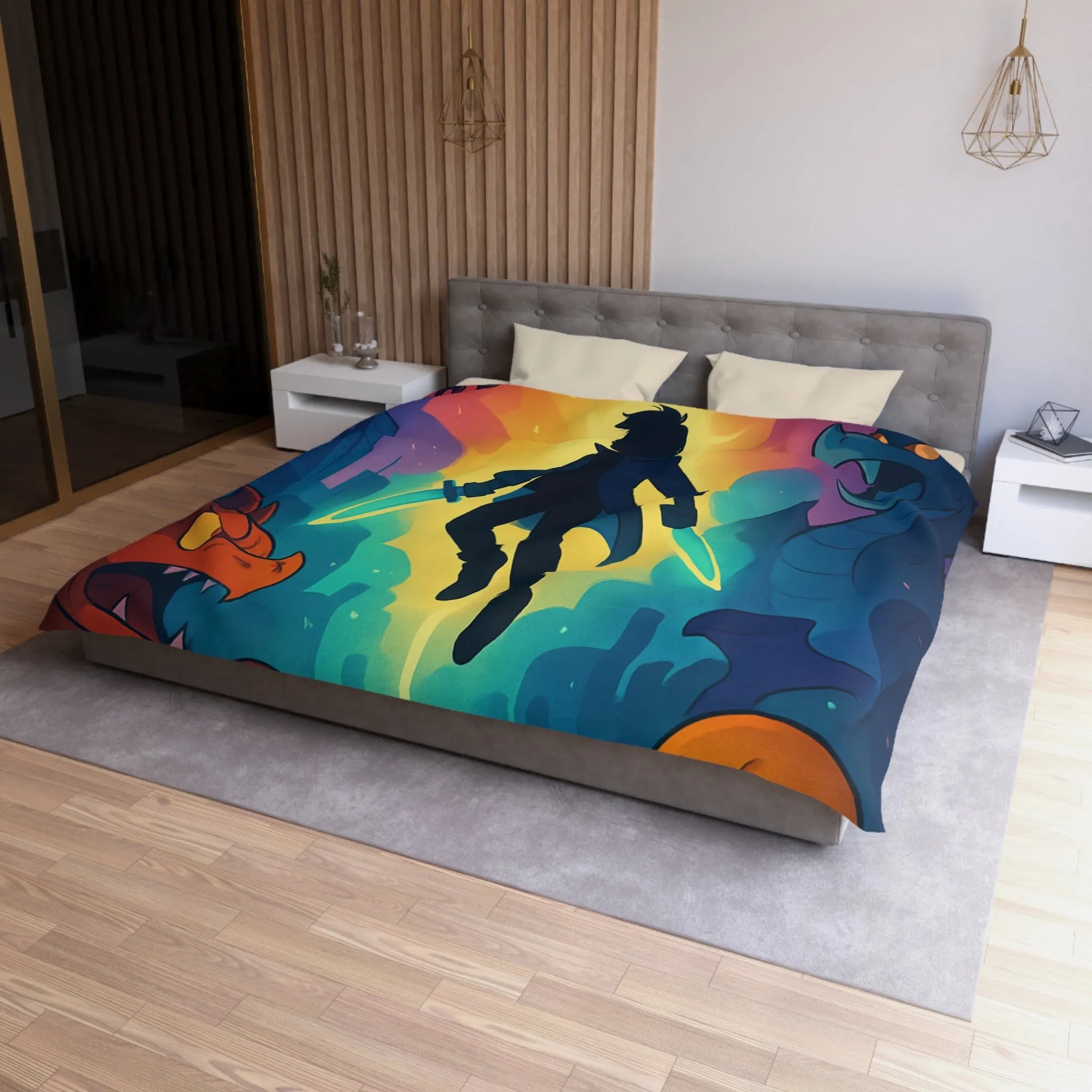 Housse de couette colorée avec créatures fantastiques, ambiance magique et design audacieux