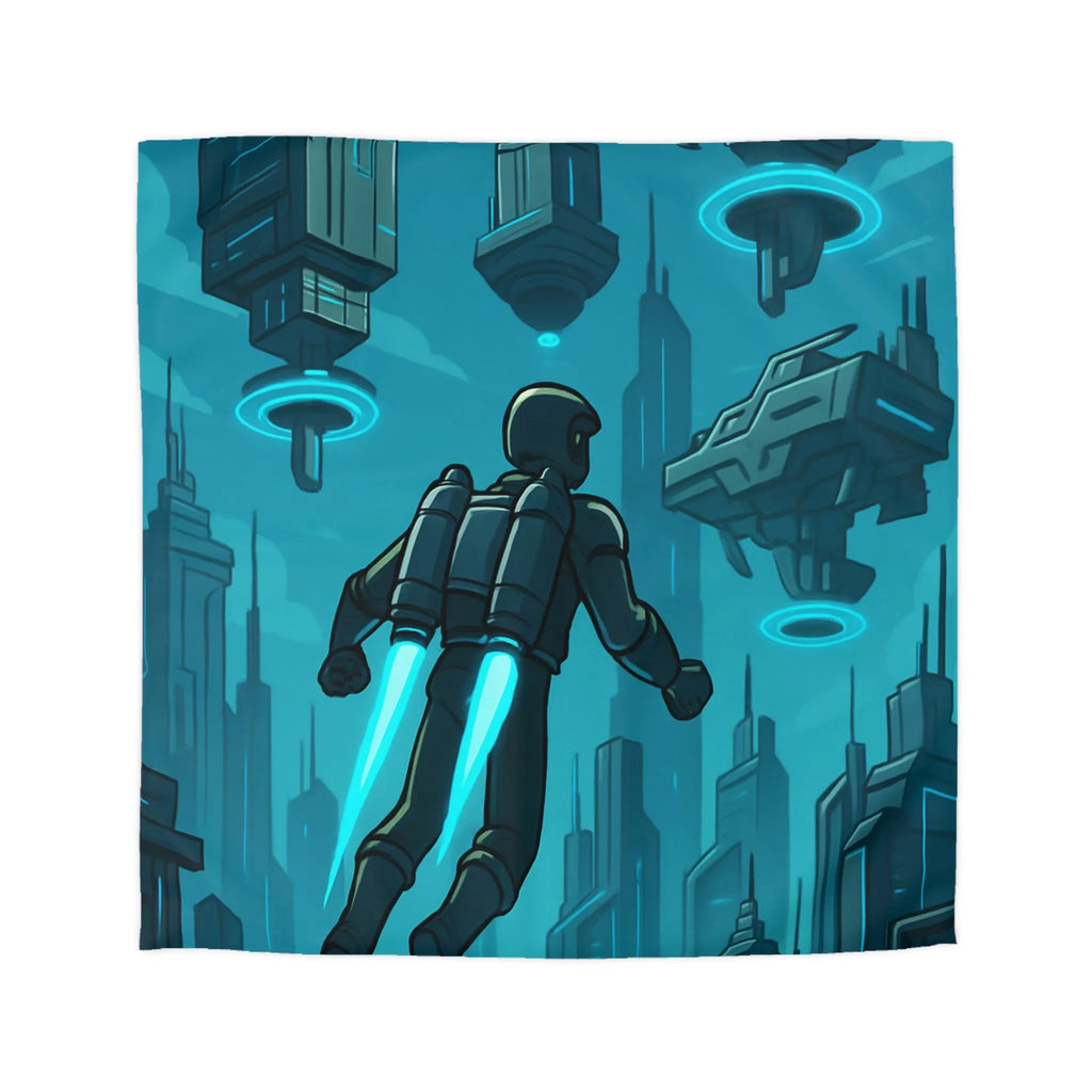 Housse de Couette Futuriste avec Ville Céleste et Homme en Jetpack Néon Bleu