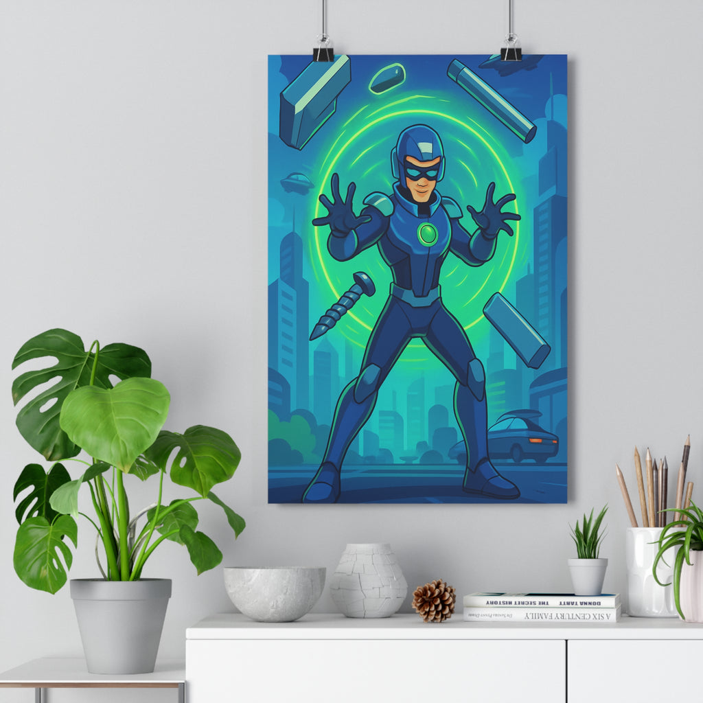 Poster décoratif futuriste bleu vert superhéros moderne chambre enfant dynamique ville aventure design qualité
